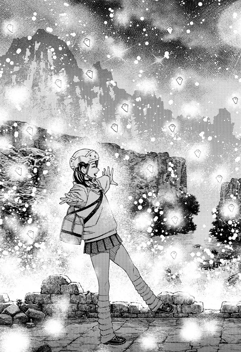 Momo also walks joyfully in the castle ruins, surrounded by glittering lights and cute flying creatures.