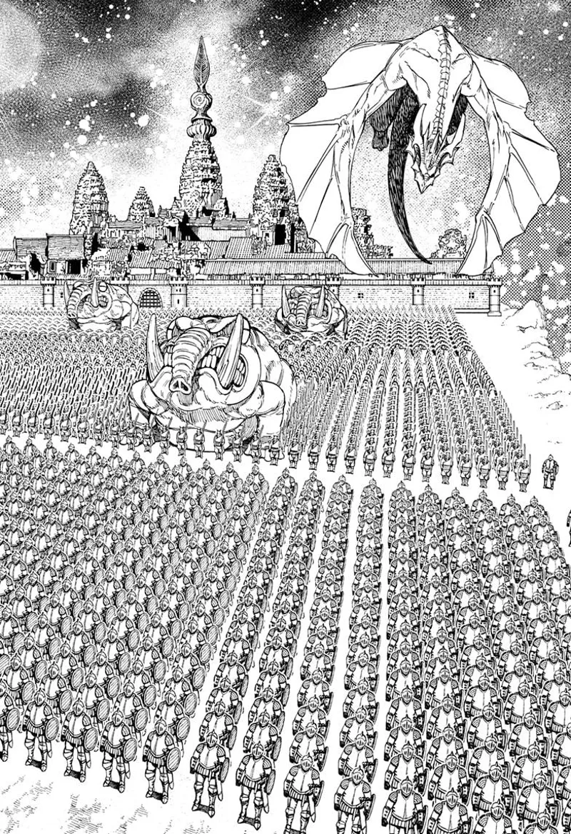 A vast army in a formation, three huge monsters, and a flying dragon are shown with a castle behind them.