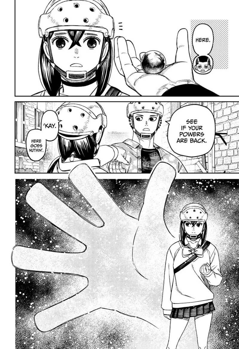 Zuma gives Momo the gold ball. Momo checks that her powers are back. She creates a huge invisible hand.