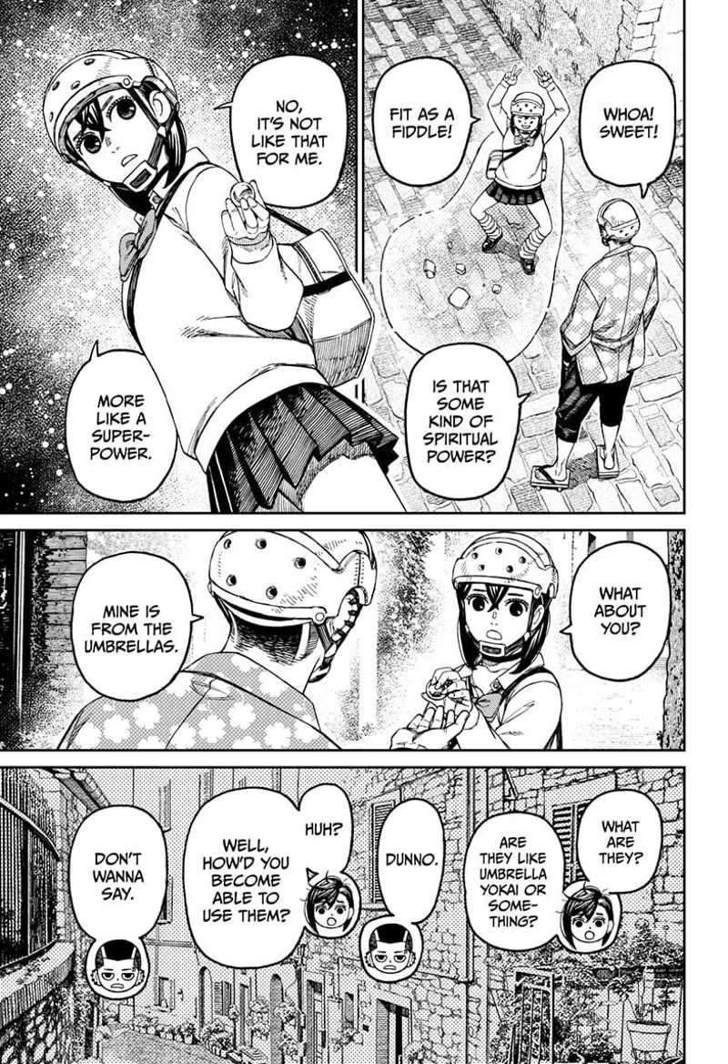 Momo is happy after realizing her powers are back. She explains her power as a superpower, but Zuma declines to explain his.