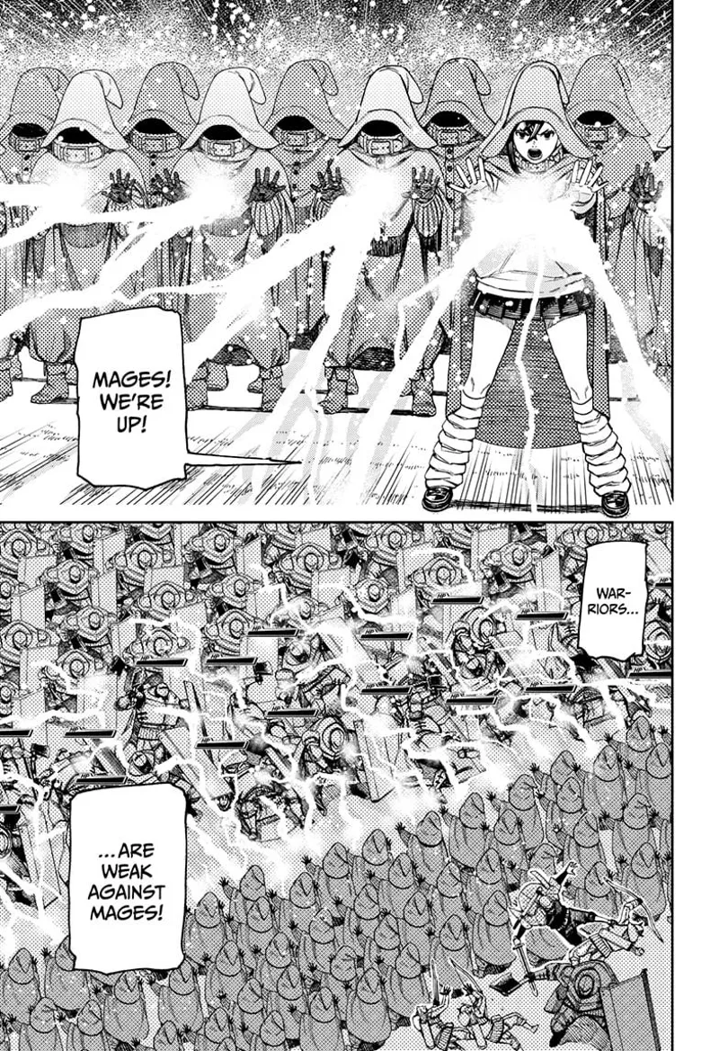 Momo's mages show up and attack the enemy warriors. They easily defeat many of them.