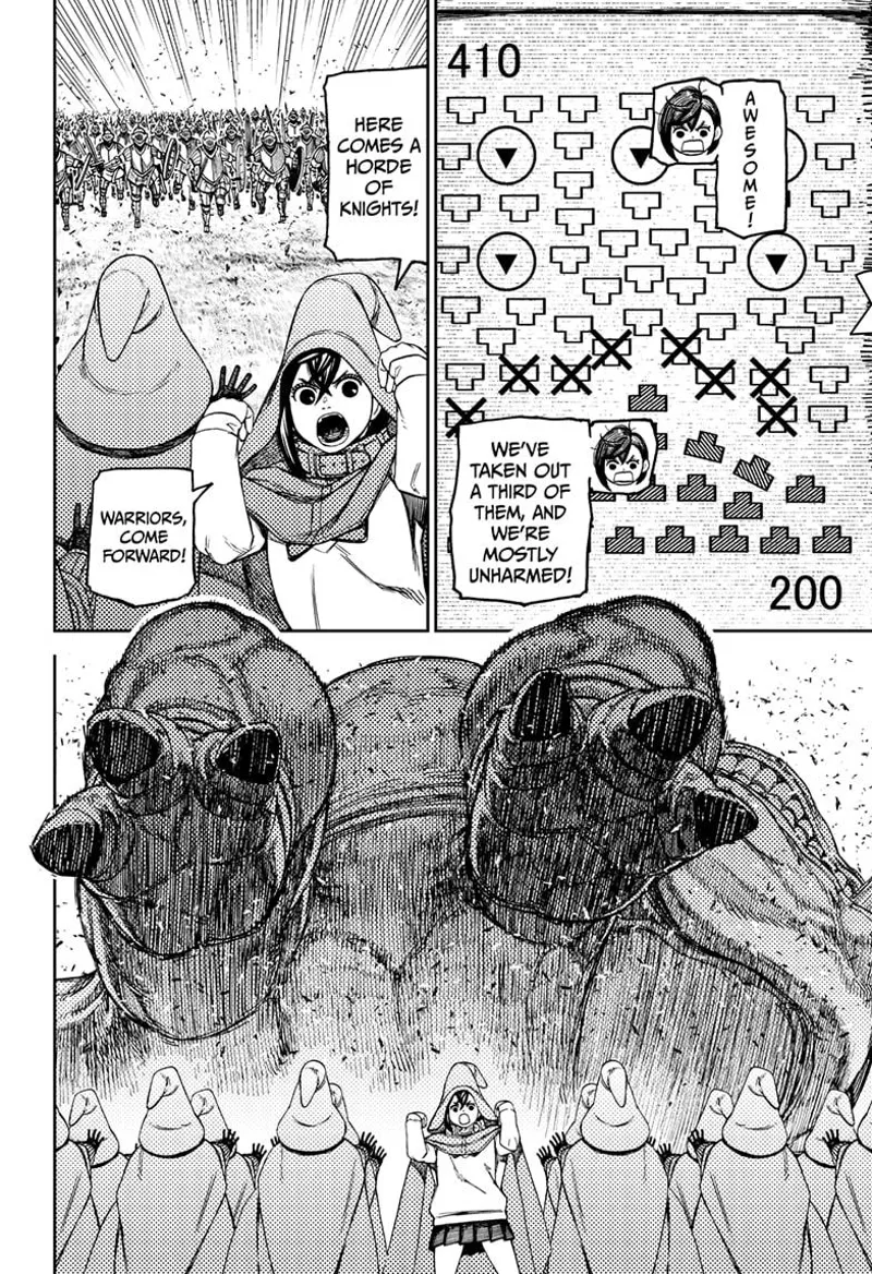 Momo checks her battle map and sees damaging a third of the enemy. She calls in the warriors. A huge monster appears.