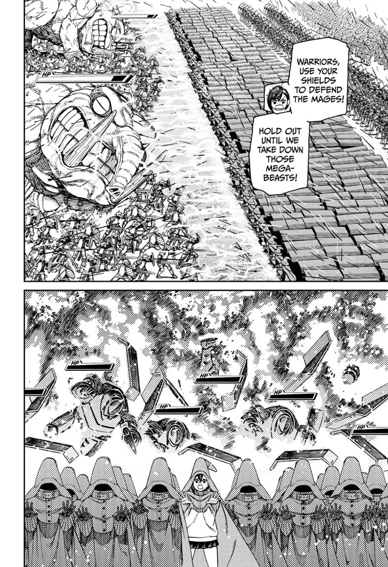 Momo's warriors defend the mages with their shields. Suddenly, the mages burn behind them.