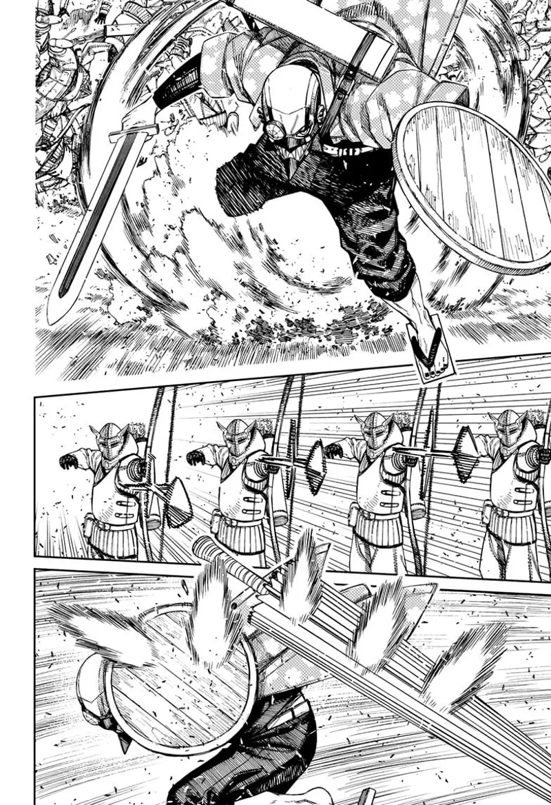 Cursed Zuma breaks through the enemy archers. He uses her umbrella to deflect the arrows aimed at him.