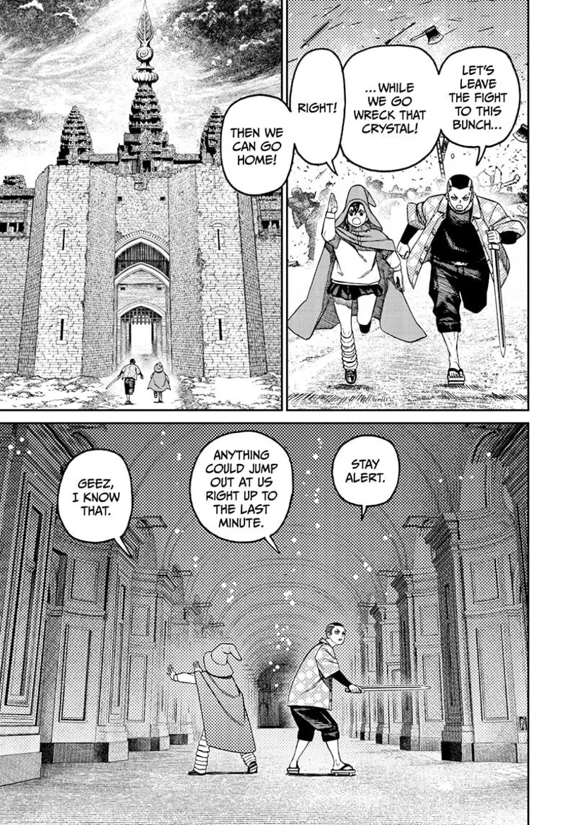 Zuma and Momo leave the battlefield and go inside the castle. They walk cautiously for enemy surprise attacks.