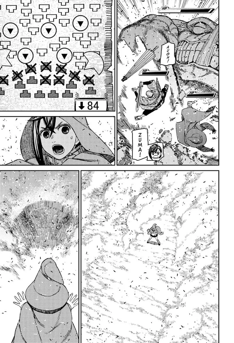 Cursed Zuma is thrown away. Momo sees her troops on the battle map decimated. She is surrounded by dust.