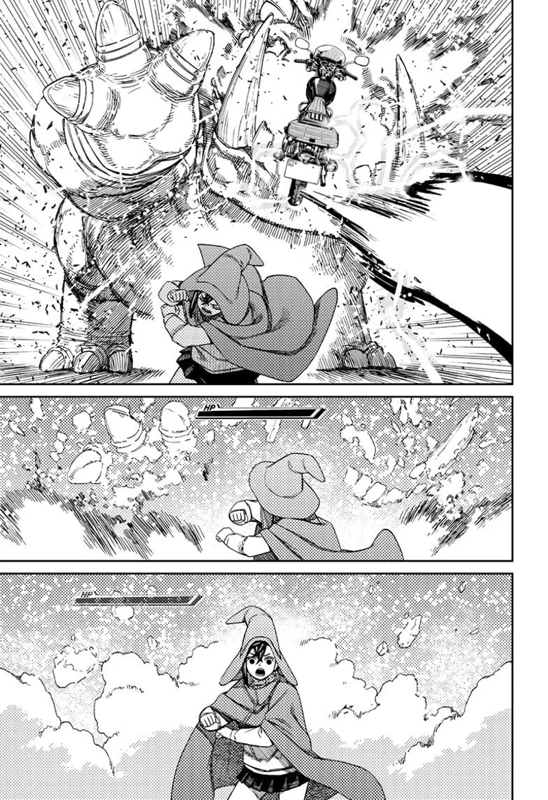 A motorcycle suddenly runs by, hits the huge ground beast in the face, and defeats it. Momo is shocked by what just happened.