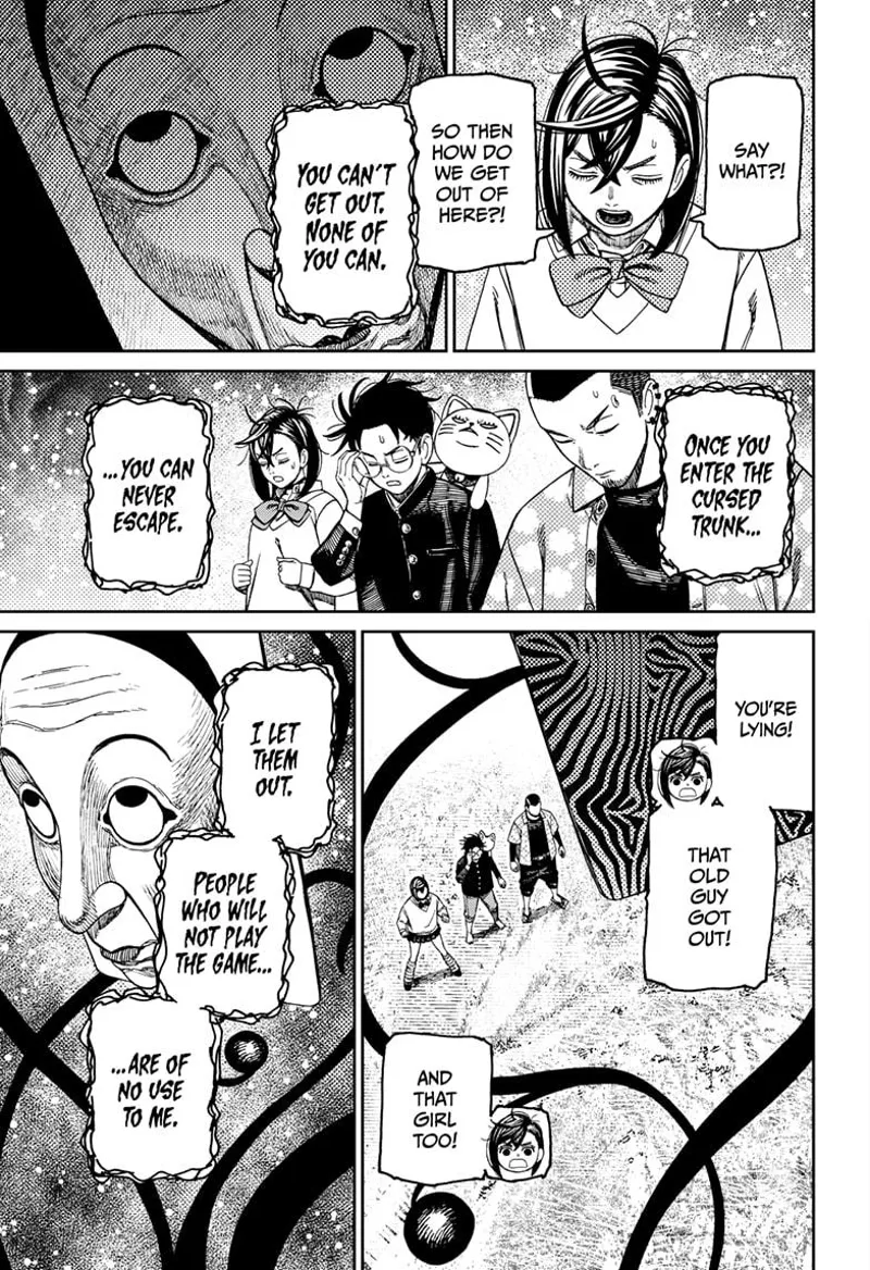 Momo, Okarun, and Zuma are closing their eyes. The Fairy-tale Card Yokai reveals they can't get out.