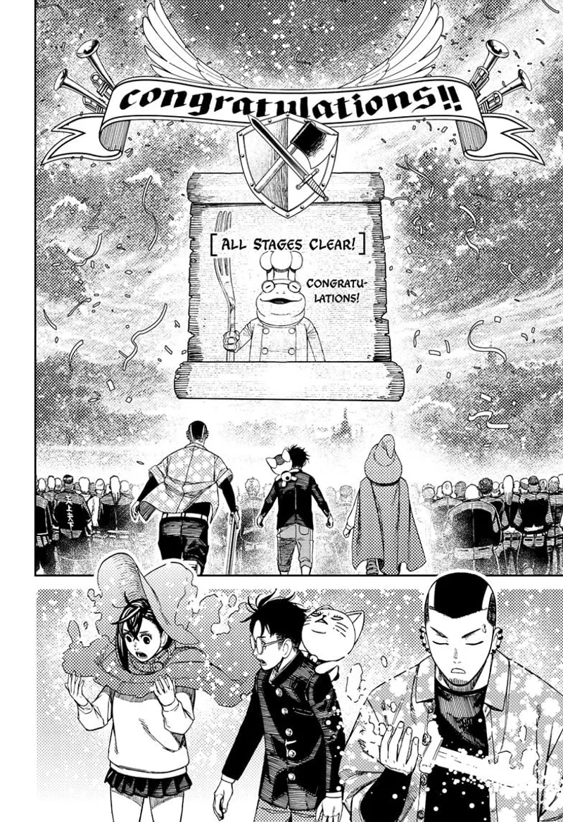 Momo, Okarun, and Zuma arrive outside. A huge scroll appears, congratulating them for clearing all the stages.