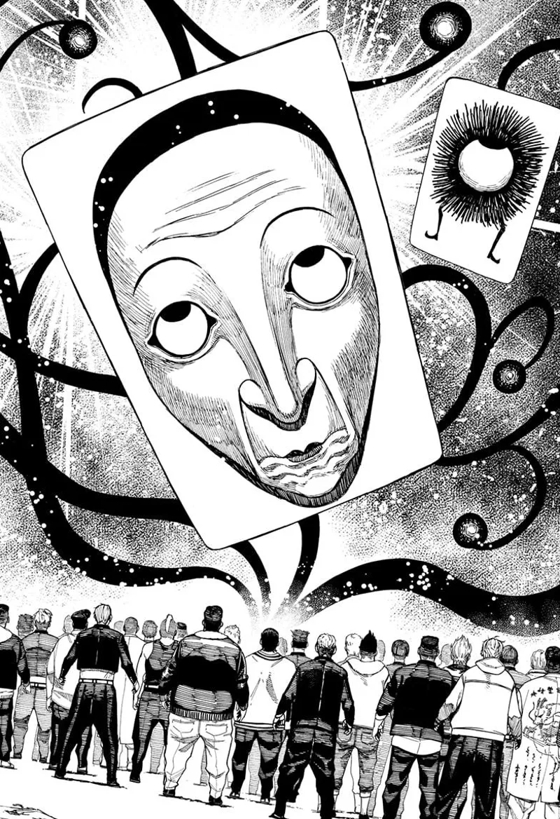 Suddenly, black tentacles appear, showing pictures of a human face and a sea urchin with legs. The thugs watch.