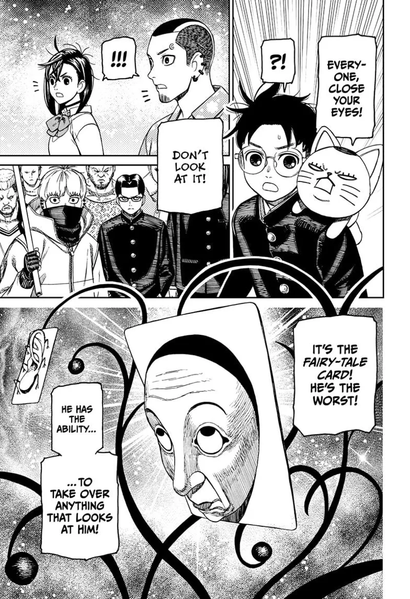 Turbo Granny tells Momo, Okarun, Zuma, and everyone not to look at the "Fairy-tale Card" Yokai, or they will be taken over.