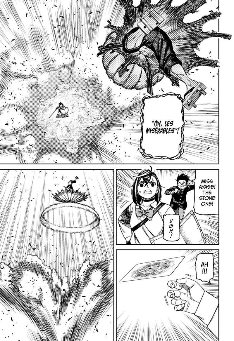 Cursed Zuma jumps and attacks Momo from the sky. Okarun runs to cover Momo. Momo recklessly let go of her card.