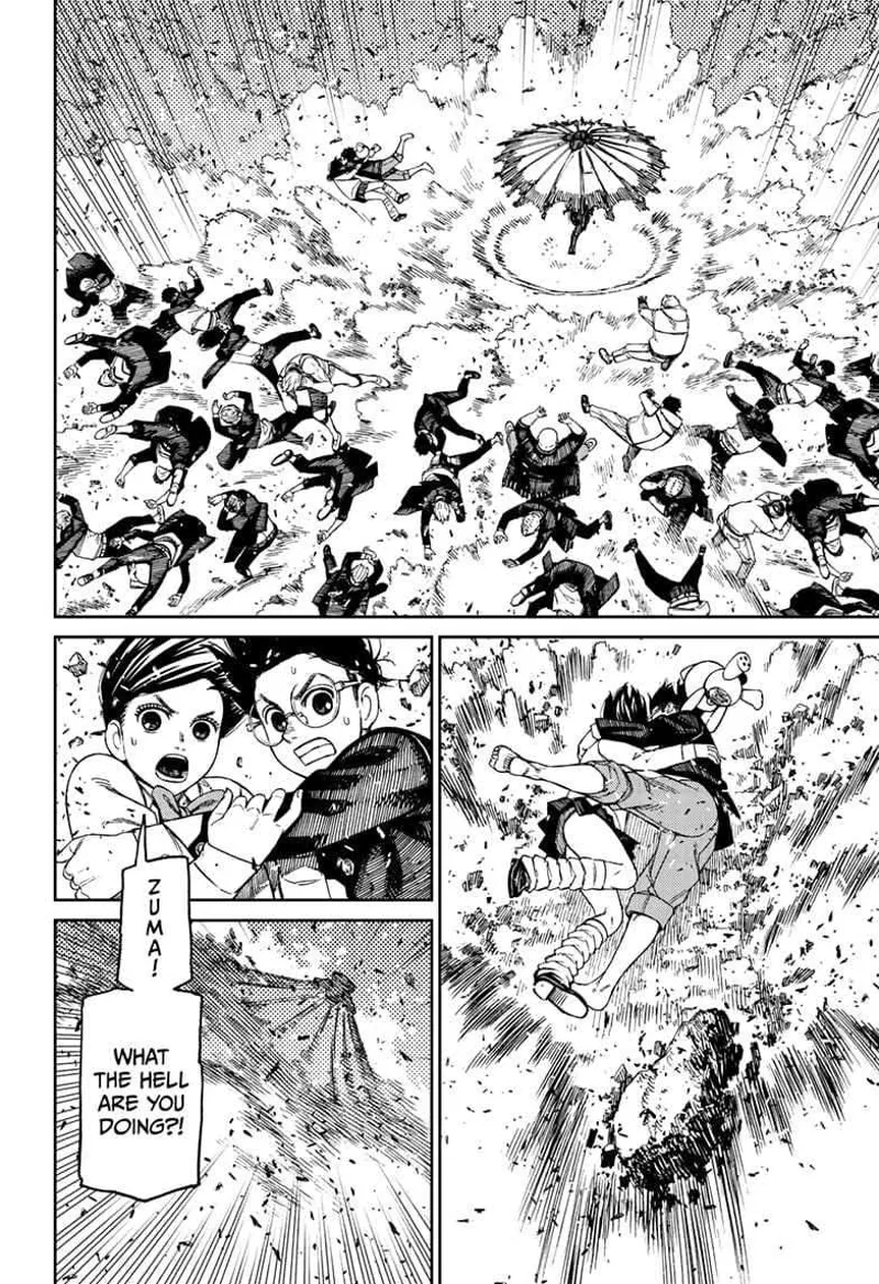 Zuma opens his umbrella, and a powerful force blows away the surroundings, including Momo and Okarun.