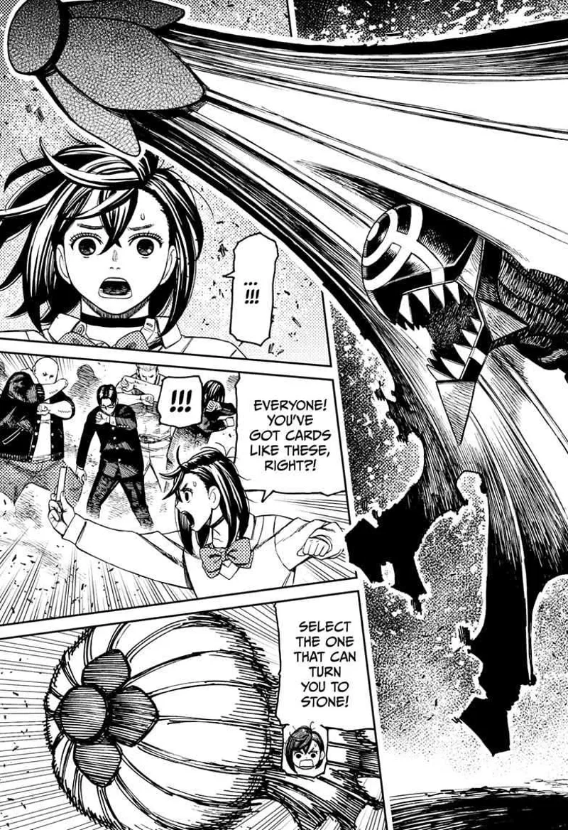 Zuma transforms into an umbrella, ready to attack. Momo tells the thugs to use the snake stone monster card.