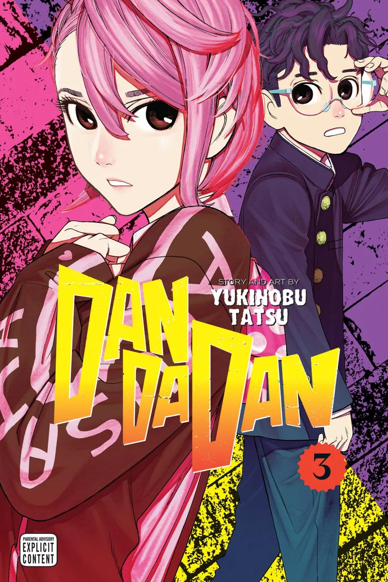 Aira Shiratori in pink hair with a pink background. Okarun in dark lavender long sleeve in violet-themed background.