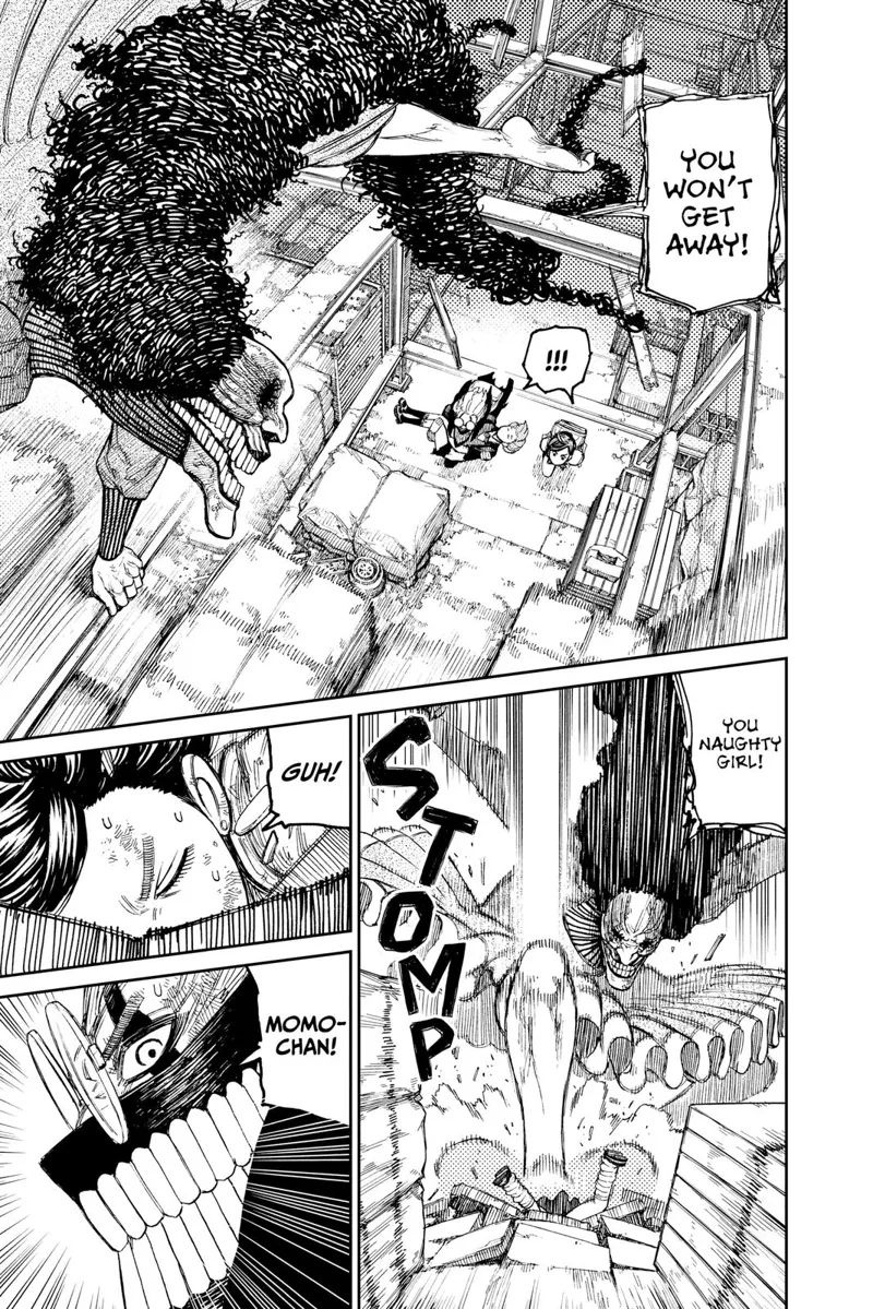 Acrobatic Silky swiftly moves above them while dragging her burnt hair. She attacks and stomps Momo. Okarun looks at her.