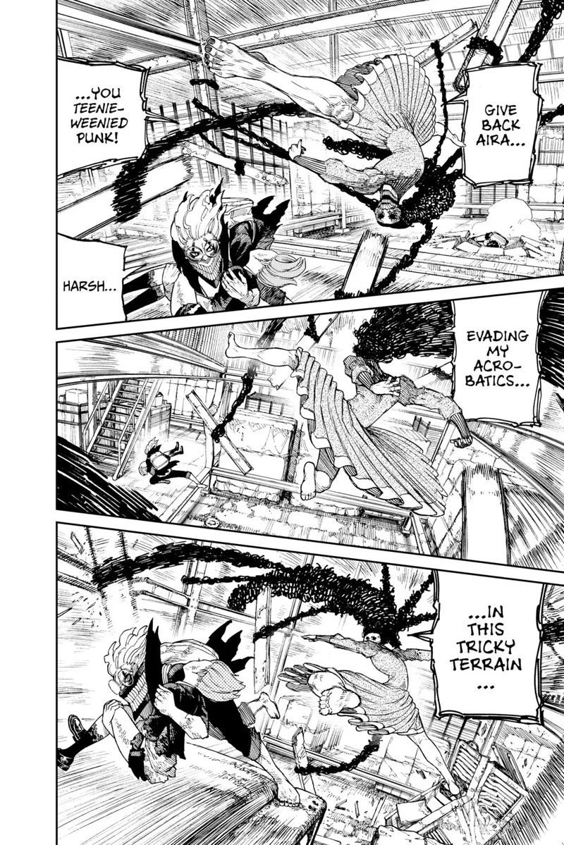 Acro-Silky attacks cursed Okarun using her kicks and hairs. Okarun evades while carrying Aira.