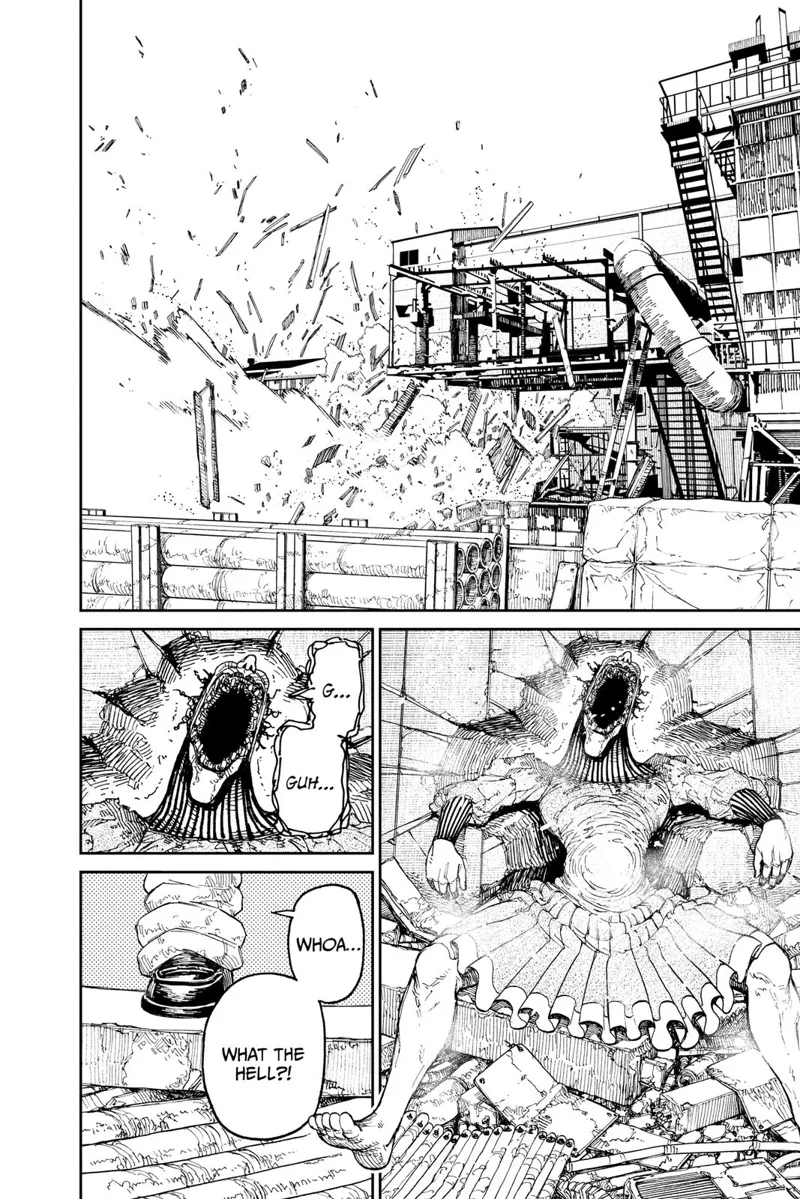 The building explodes as Acro-Silky is thrown away and lands on a wall, caving it with her body.