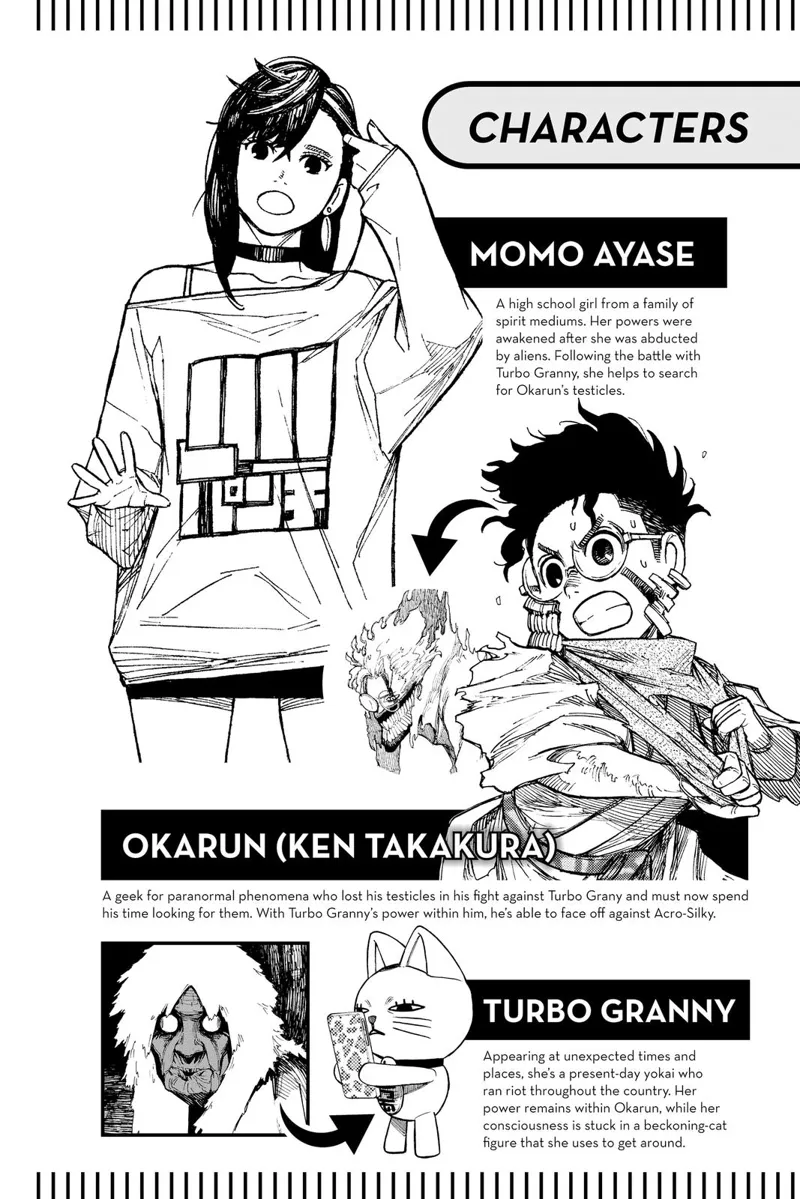 Character information about Momo Ayase, Okarun (Ken Takakura), and Turbo Granny dwelling inside a cat figurine.