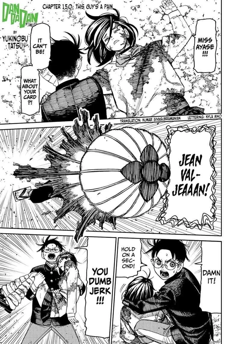 Okarun sees Momo bloody and injured. He picks her up as cursed Zuma attacks them with "Jean Valjean".