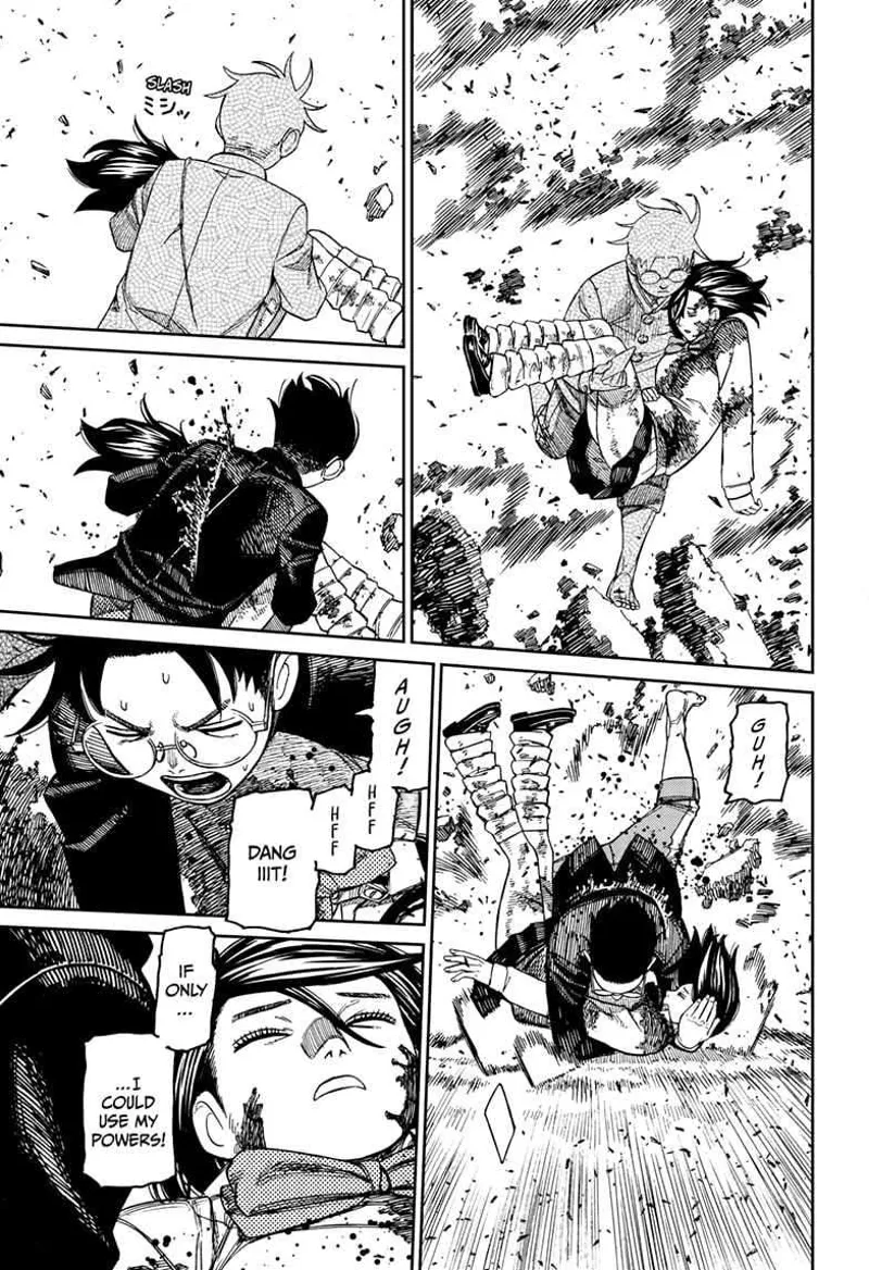 Okarun runs while carrying Momo. Explosions rock them from behind, and they fall to the ground.