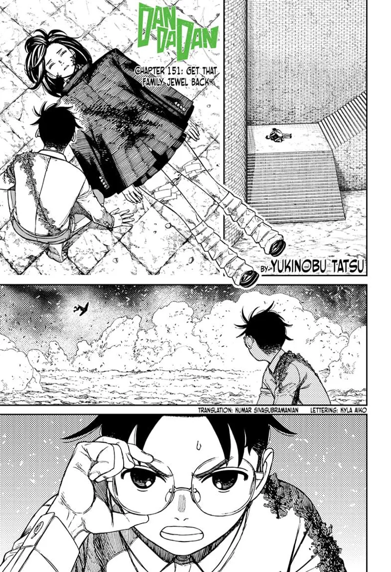 Okarun puts Momo near the castle wall, away from the fight. Okarun angrily looks at cursed Zuma attacking from the sky.