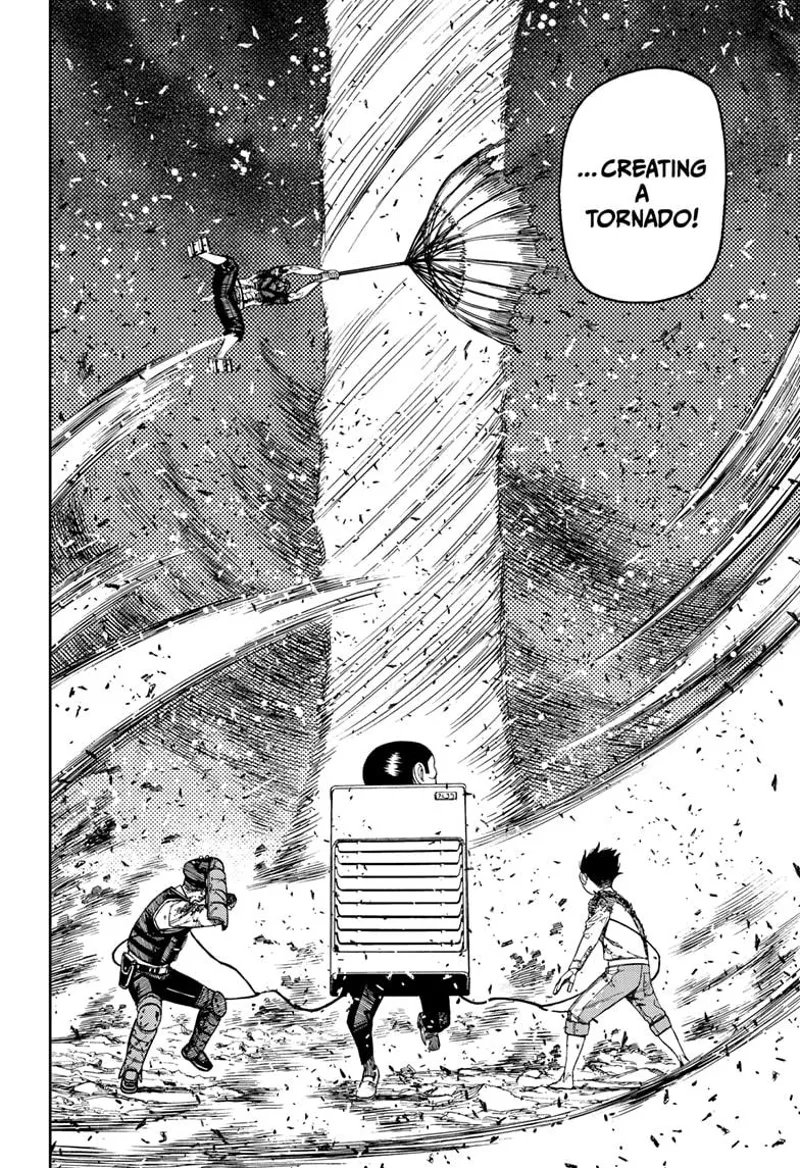 Okarun, Serpo, and the cop look back as a huge tornado suddenly forms, sucking cursed Zuma and his umbrella.