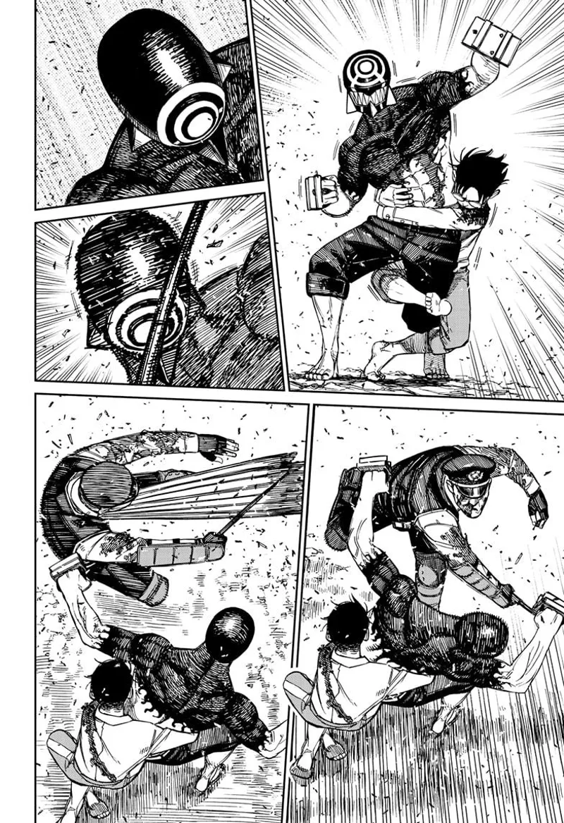 Okarun grabs cursed Zuma's body, and the cop hits his face. The cop gets hit by Zuma's umbrella.