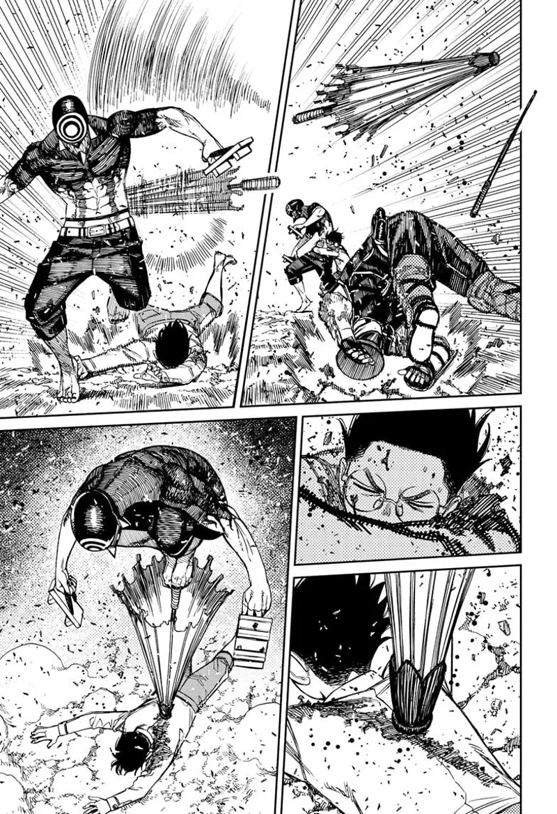 The cop falls to the ground and cursed Zuma gets his umbrella back. He points his umbrella to Okarun's body.