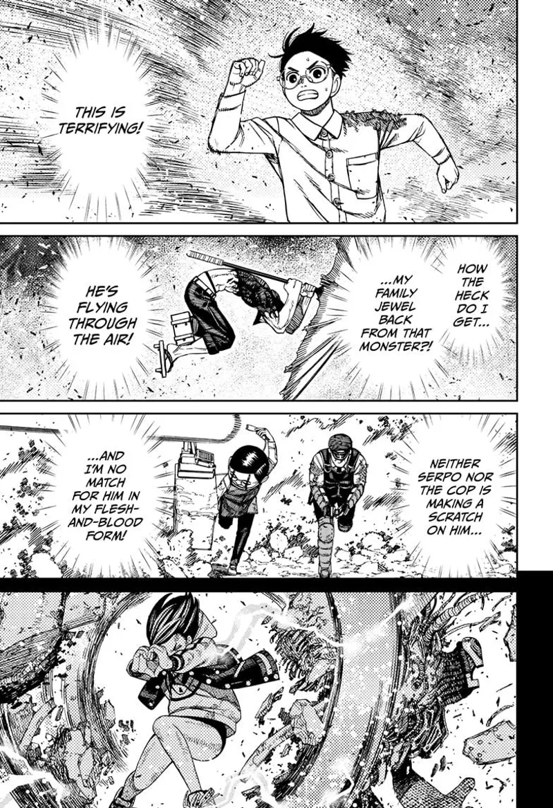 Okarun ponders how he can take his family jewel from cursed Zuma, who is flying through the air. Rokuro and the cop run.