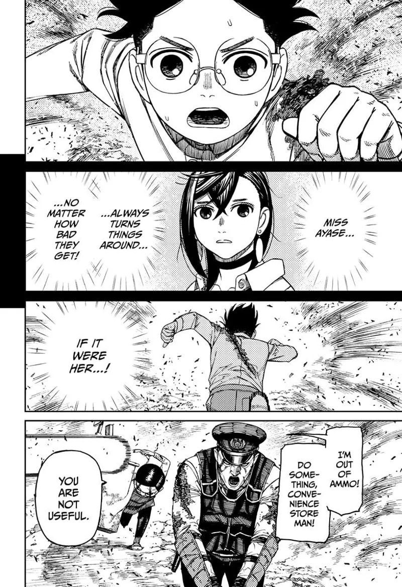 Okarun realizes Momo always finds a solution to every problem. The cop is out of ammo, and Rokuro tells him he's useless.