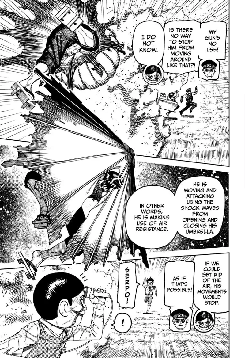 Rokuro, the Serpo, and the cop are running as cursed Zuma attacks them. Okarun calls Serpo.