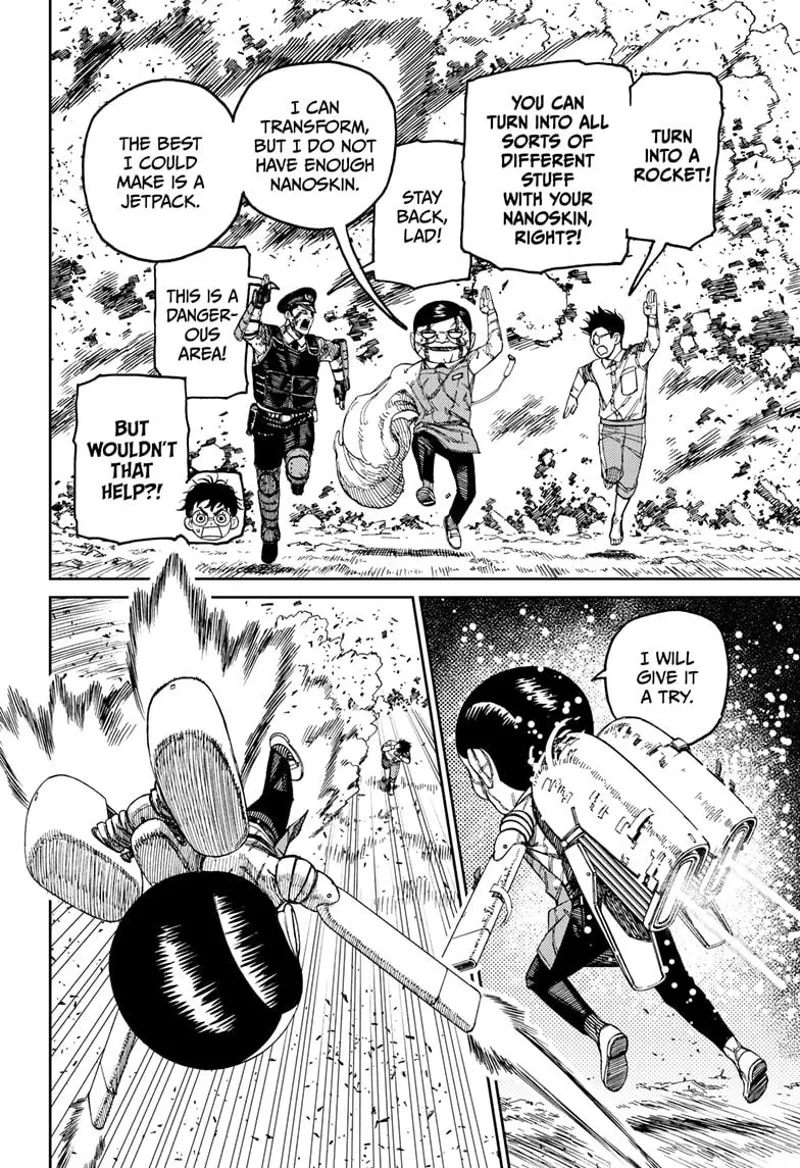 Okarun runs with Rokuro Serpo and the cop. Okarun tells Serpo to morph into a rocket. He creates jetpacks on his back.