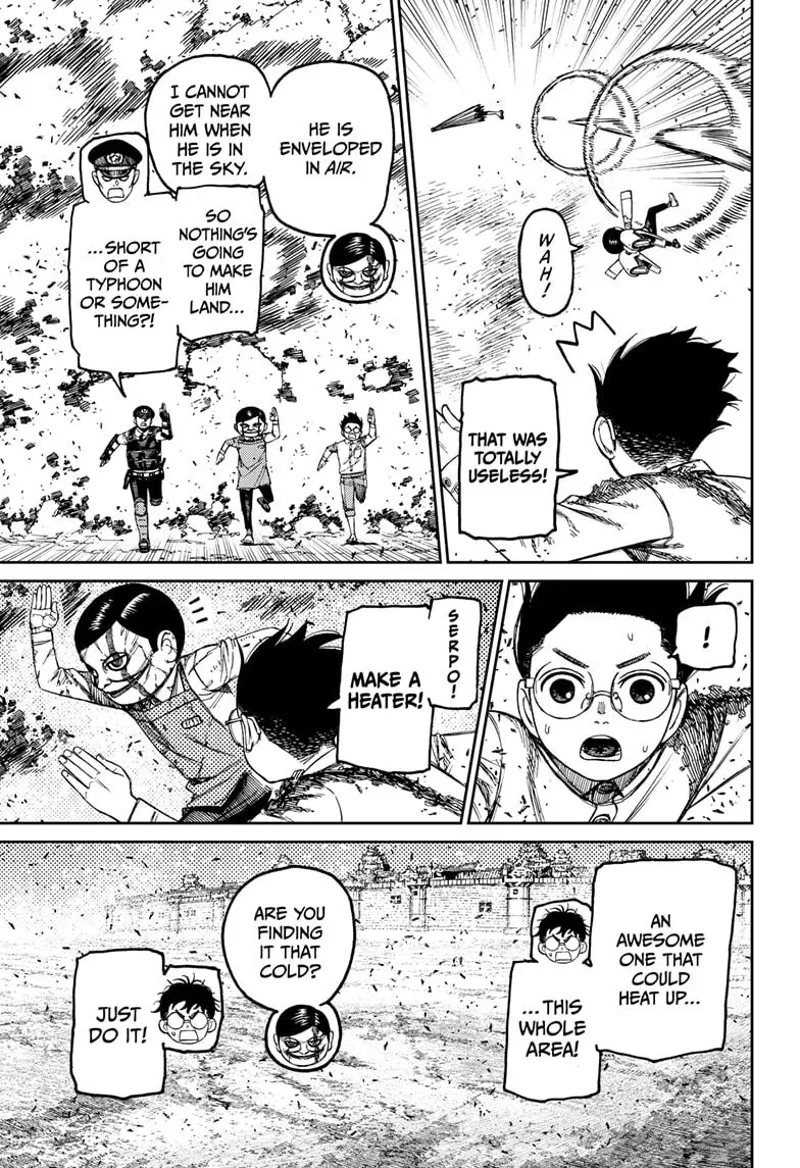 Serpo just gets blown away by cursed Zuma. Serpo, Okarun, and the cop keep running. Okarun tells Serpo to heat up the place.