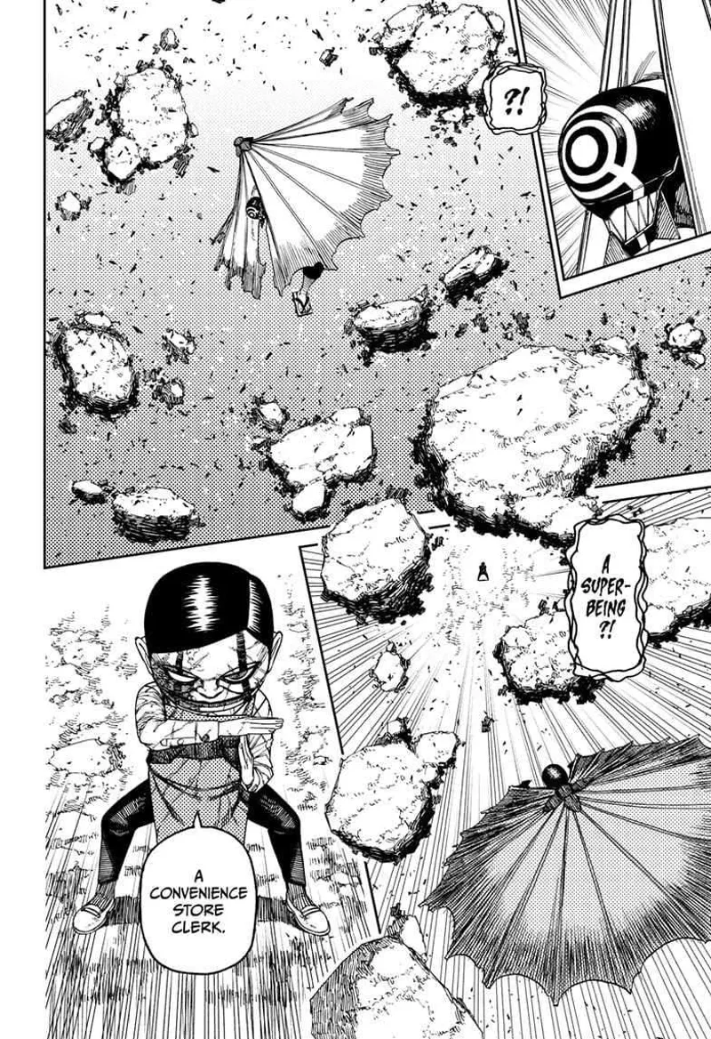 'Brella Boy is surrounded by debris. He looks down and sees Rokuro Serpo.