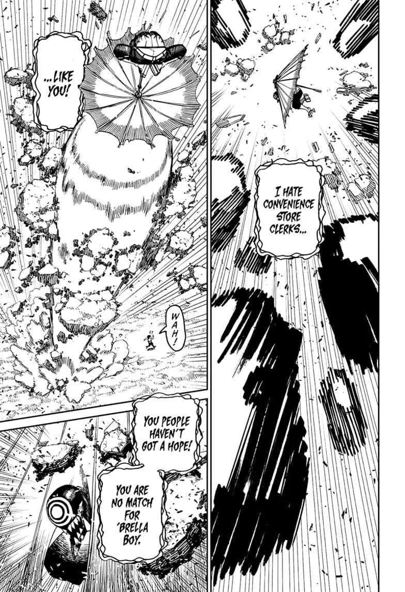 Serpo throws rocks at 'Brella Boy, but he fires back at him. Serpo runs.