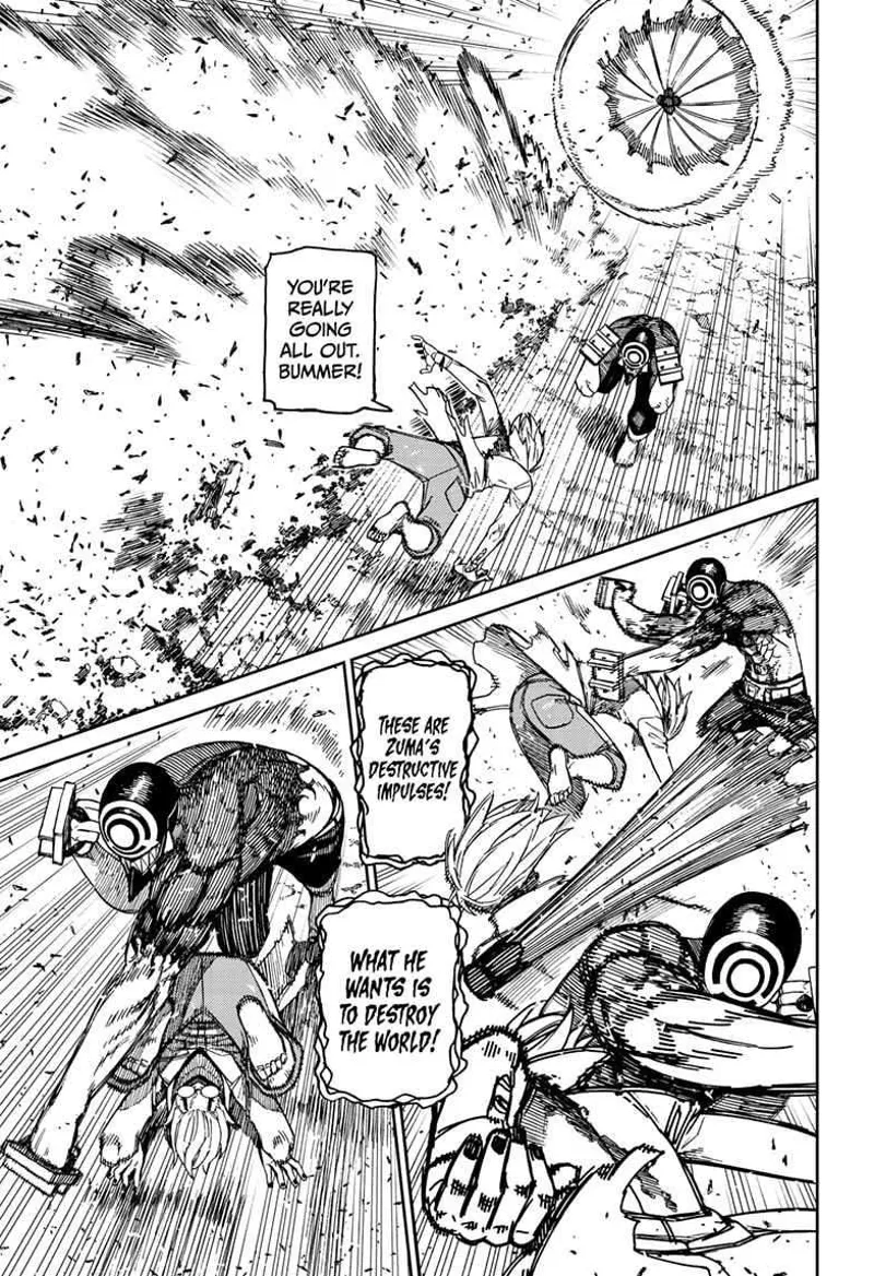 Cursed Okarun dodges the umbrella's shockwave. He dodges 'Brella Boy's punches and attacks.