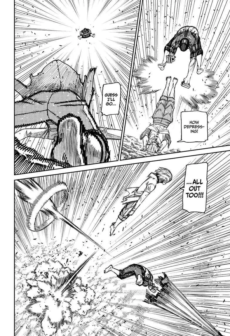 Cursed Okarun kicks 'Brella Boy upwards. He jumps back to make a second attack. 'Brella Boy dodges.