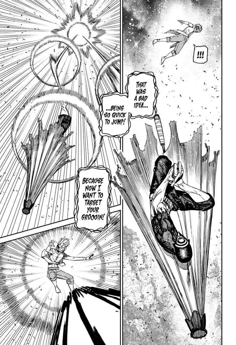 Cursed Okarun finds himself midair. 'Brella Boy swiftly moves, and targets Cursed Okarun's groin.