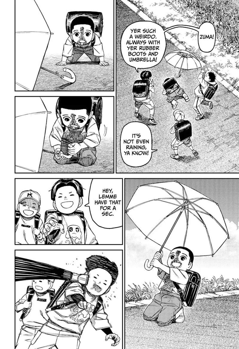 The kids laugh at him for using an umbrella even though it's not raining. Someone kicks the bully in the face.