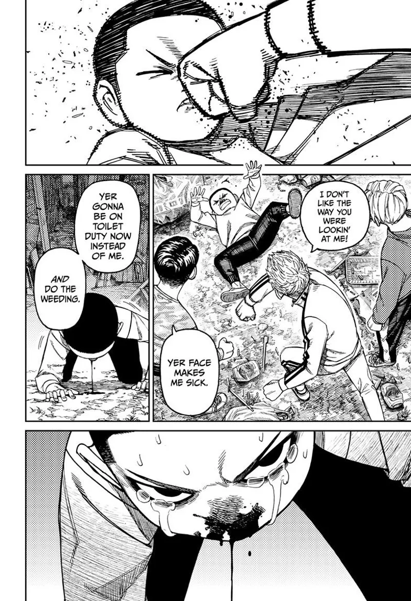 Unji gets kicked in the face after he gets bullied. He cries, but his stare is serious after spitting blood.