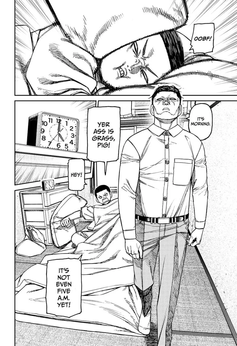 Masamichi Bega throws a pillow at Zuma, who wakes up unwillingly.
