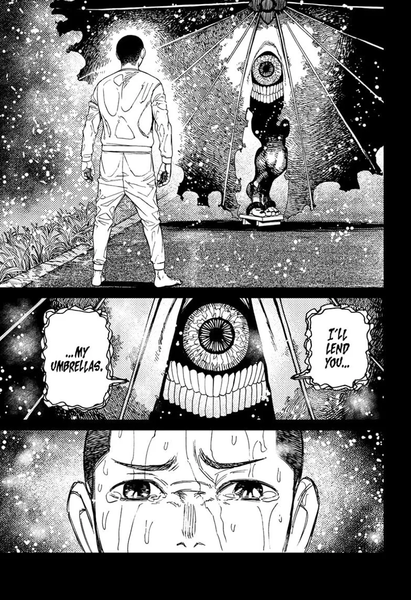 His brother suddenly transforms into a cursed spirit with a huge single eye and wide teeth.