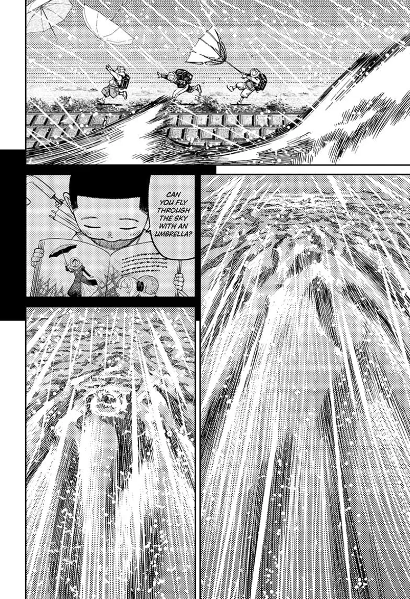Unji sees the kids' umbrellas getting blown away. He also sees the drowning kid that Bega is rescuing.