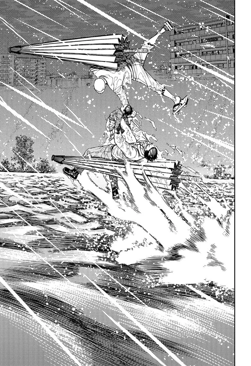 Using his flying umbrellas, Unji grabs the drowning Bega and the kid out of the water.