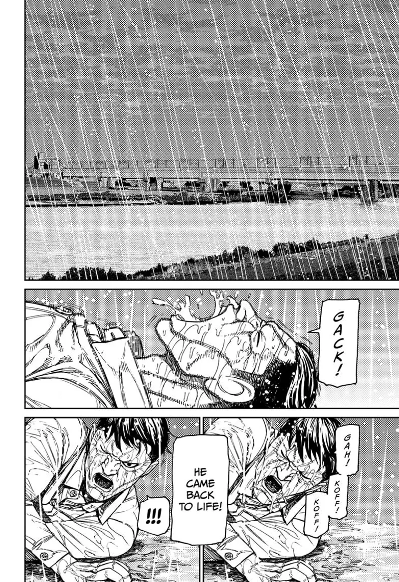 The rain keeps falling. Officer Bega coughs water and wakes up.
