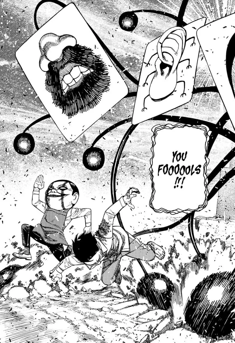 Okaruna and Serpo dodge Fairy-Tale Card's tentacles with balls at the end and have an ear and face image above them.