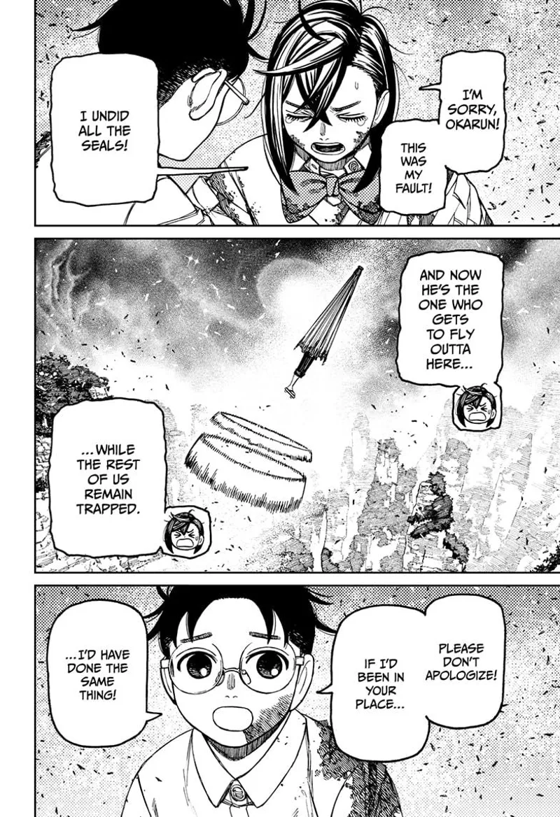 Momo apologizes to Okarun for undoing the seal and releasing Fairy-Tale Card Yokai. Okarun tells her he will do the same.