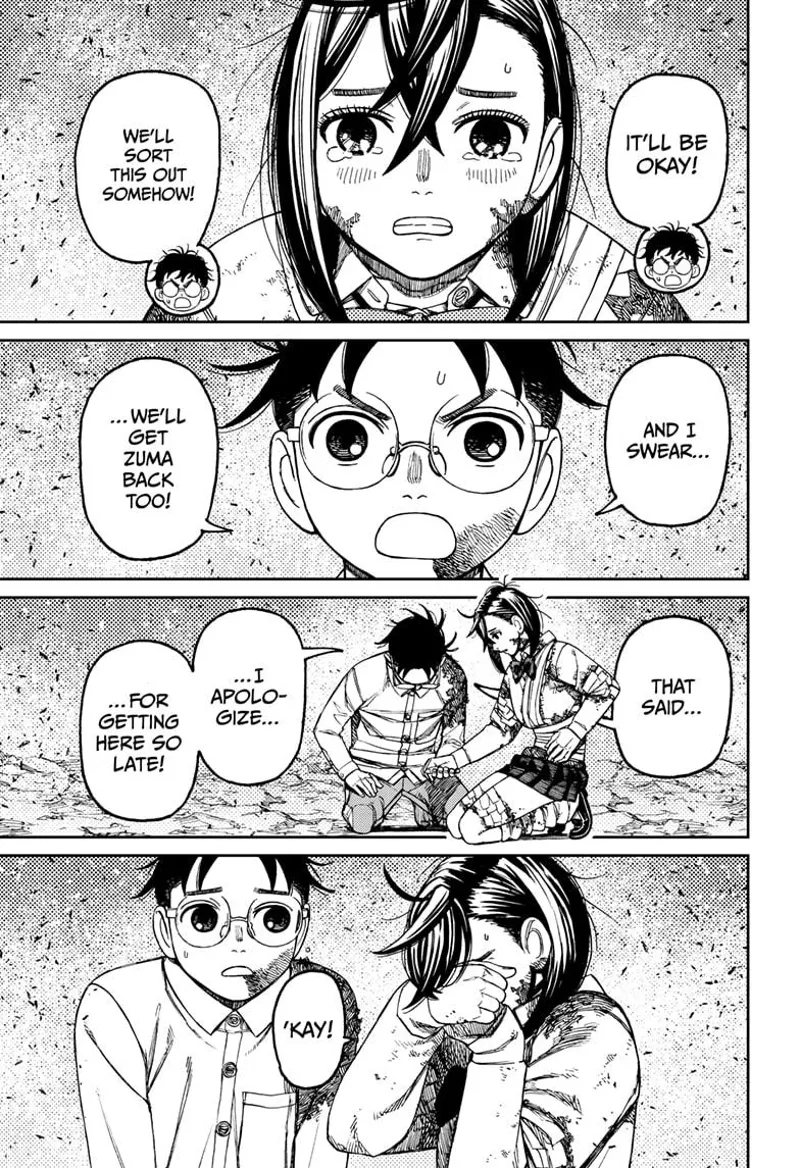 Okarun reassures Momo, who is now crying. Momo and Okarun are kneeling.