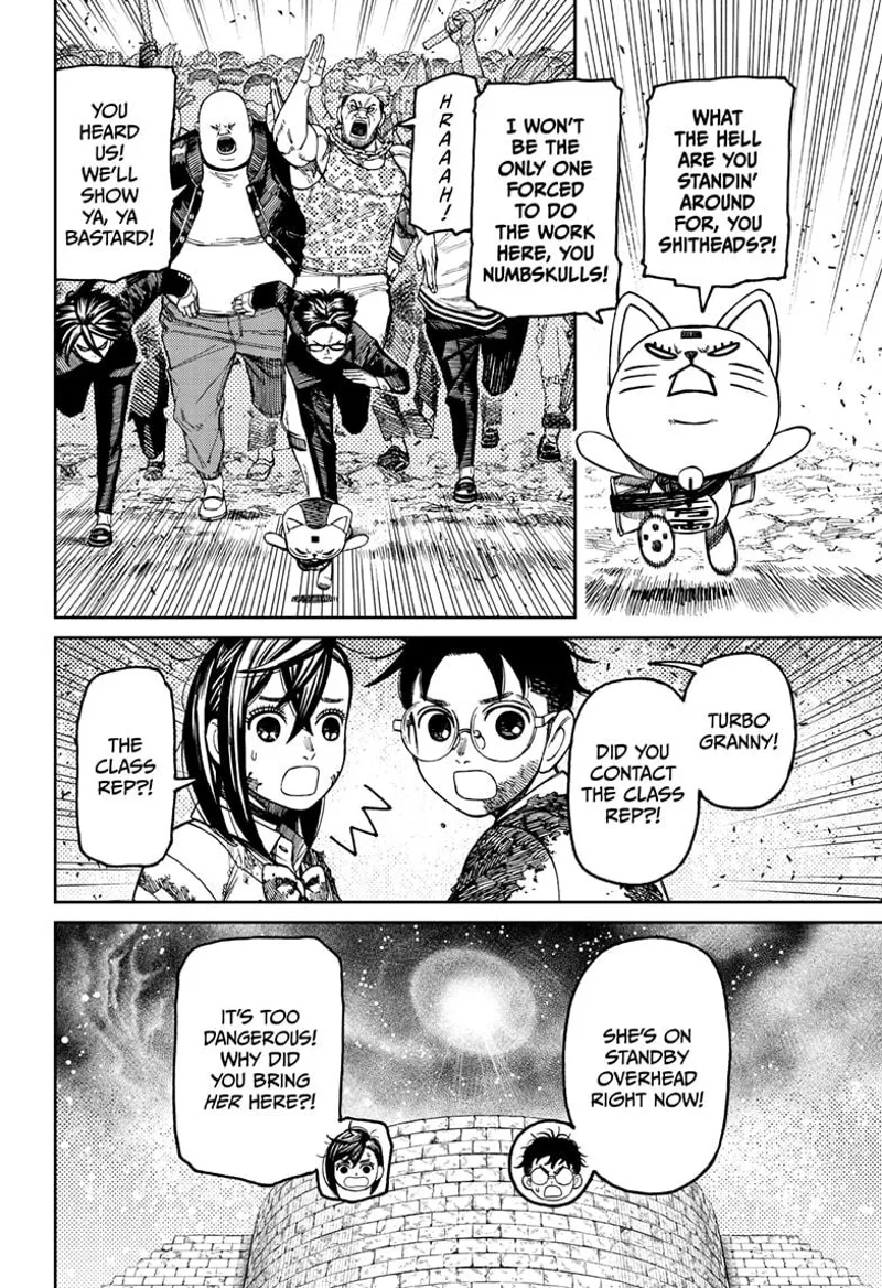 Turbo Granny is running with the thugs behind her. Okarun asked if she had contacted the class rep.